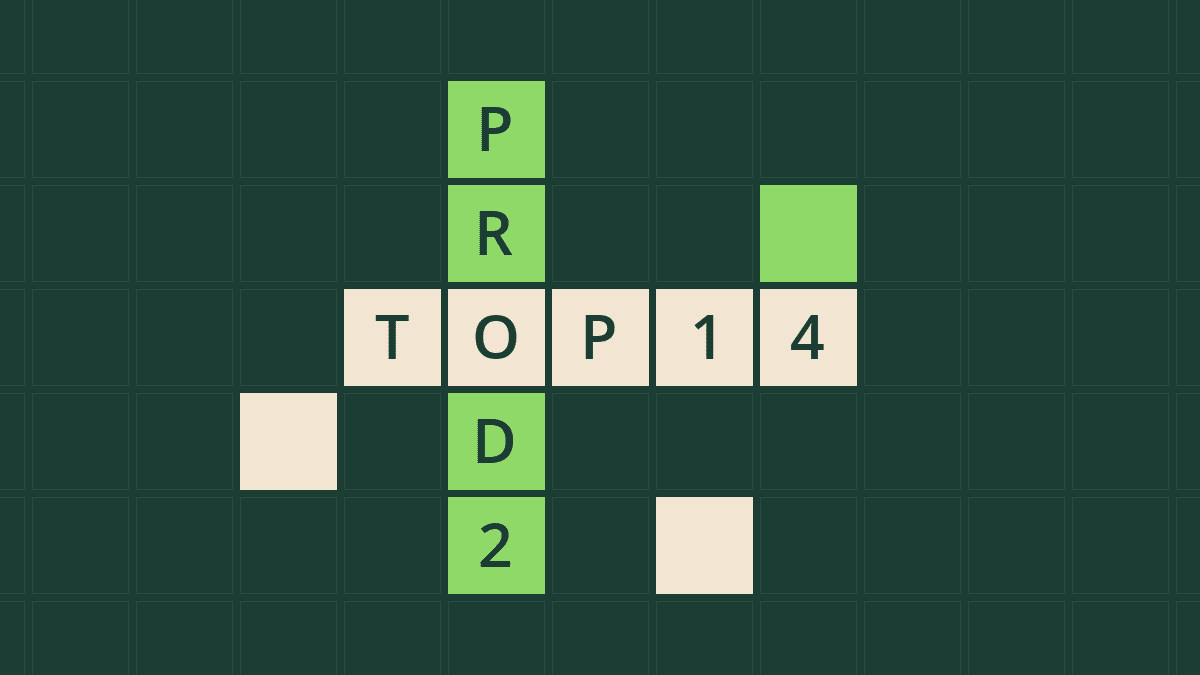 Grille de mots croisés avec les mots TOP14 et PROD2 croisés, sur fond vert sapin