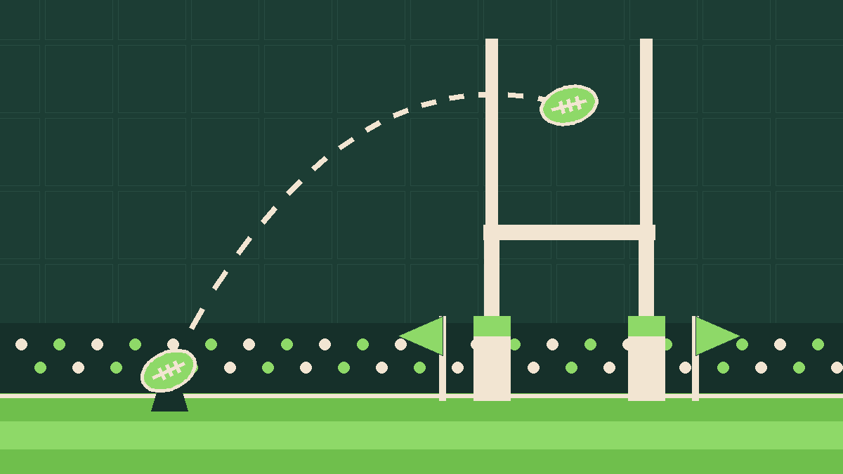 Stade de rugby stylisé : ballon transformé entre les poteaux, drapeaux des juges de touche levés, tribune et pelouse en bandes